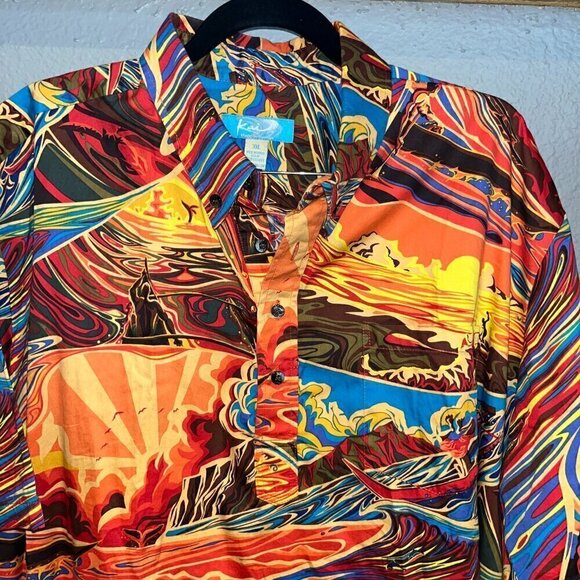 KAI Clothing Hypnotik Wave Ocean Outrigger Hawaiian Made Aloha Popover Shirt 3XL - Picture 2 of 14